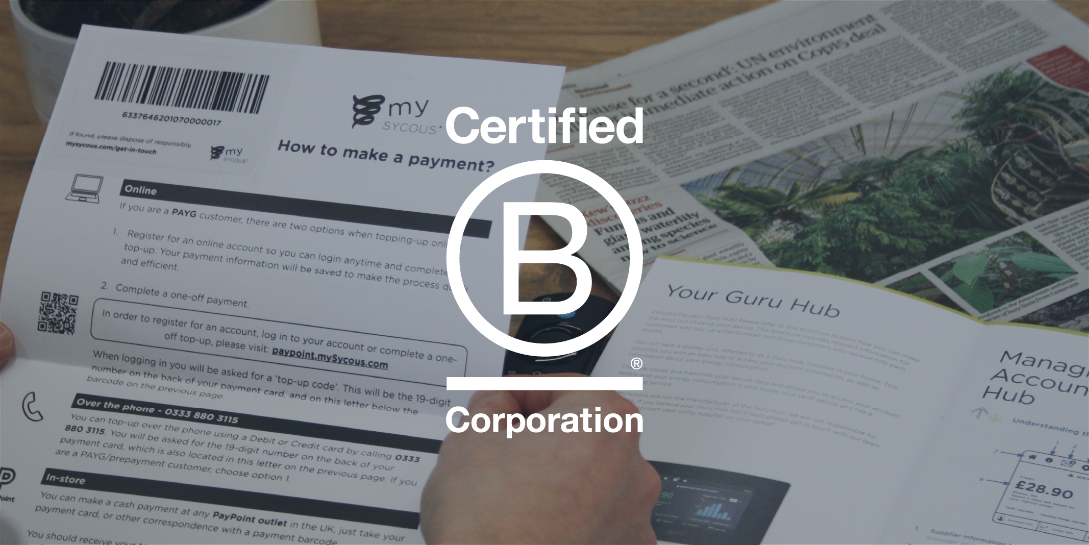 Sycous B Corp logo on mySycous resident letter with payment barcode